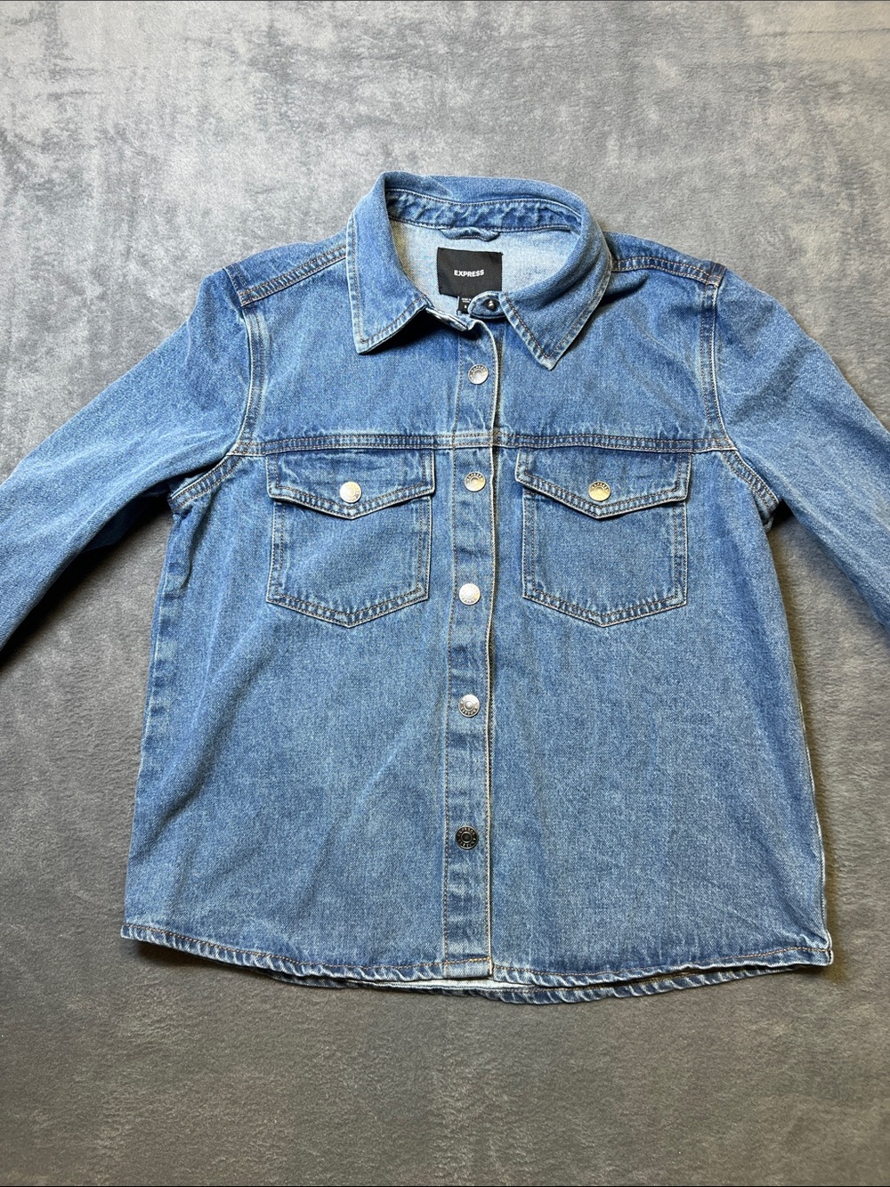 Express Mid Wash Denim Shirt Jacket in Blue